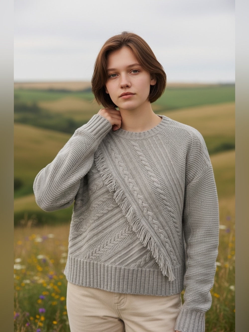MADEWELL merino wool sweater, light gray sz small. Crisscross fringe cable knit